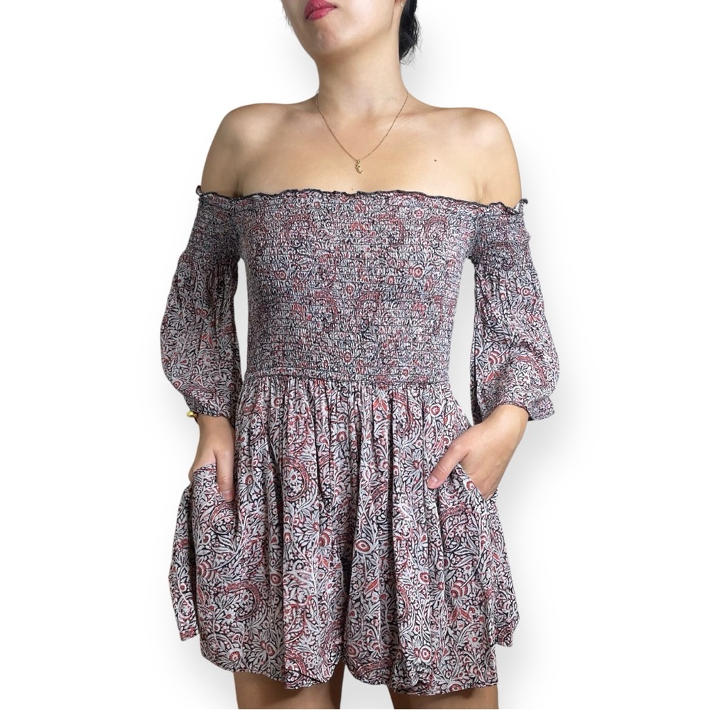 Ecote Boho Chic Witchycore OffShoulder Smocked Paisley Romper Size S